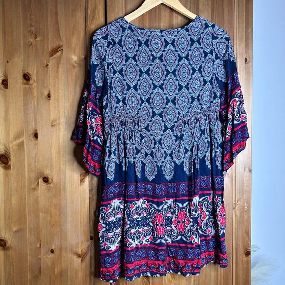 Umgee Bell Sleeve Keyhole Dress Mini Blue Red Women’s Small Hippie 70s Boho - Picture 8 of 8